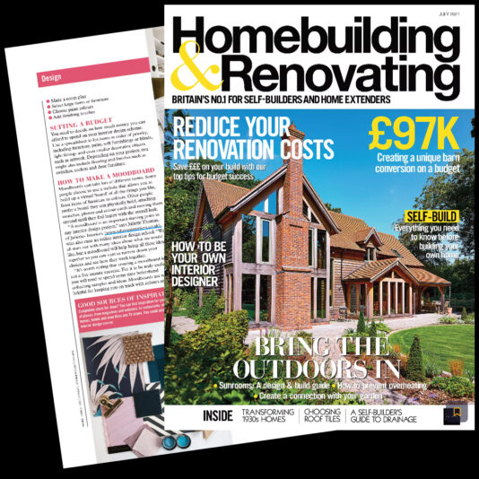 A magazine titled "Homebuilding & Renovating" with a headline about reducing renovation costs. The cover features a brick house with large windows and a patio. Another page includes articles on setting a budget and making a mood board for home design.