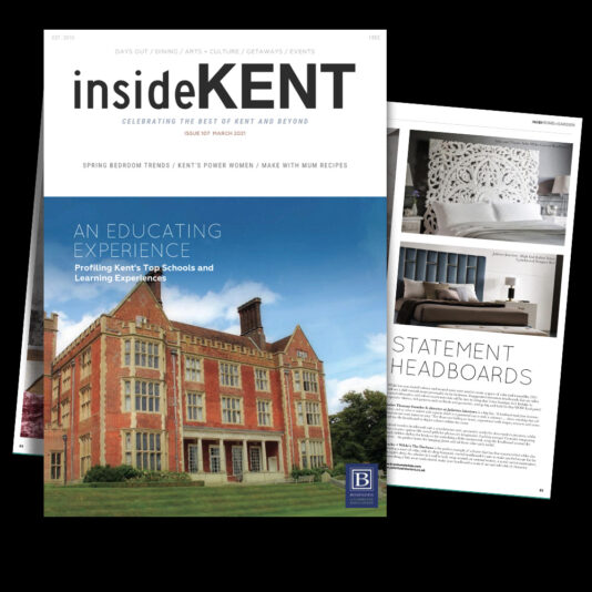 A magazine cover titled "insideKENT" above a headline reading "An Educating Experience" with an image of a large brick mansion. Overlaid is a subpage titled "Statement Headboards" featuring images and text on luxurious headboard designs.