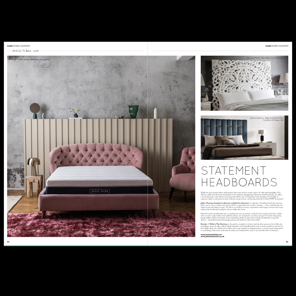 A magazine spread showcases bedroom interiors. The left page features a stylish pink bed with a tufted headboard against a textured wall. The right page highlights various statement headboards, including a white cutout design and a blue tufted option, with text beneath.