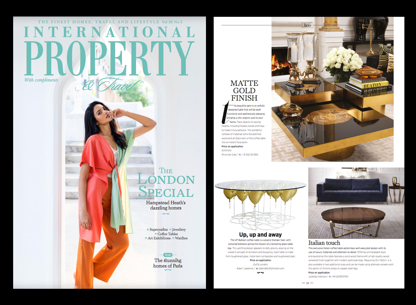 A two-page spread from International Property magazine. The left page features a woman in colorful clothing and the text 