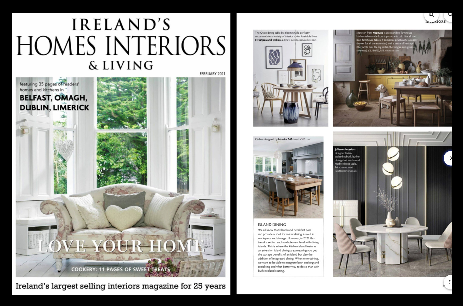 A two-page spread of Ireland’s Homes Interiors & Living magazine, featuring house décor ideas. The left page shows the magazine cover with a cozy living room. The right page features various interior design photos and articles, including dining room setups and decor inspiration.