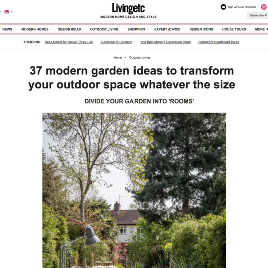 An image of a webpage from Livingetc with the title "37 modern garden ideas to transform your outdoor space whatever the size" and a header "Divide Your Garden into 'Rooms'." The page features a photo of a lush, green garden with various plants and trees.