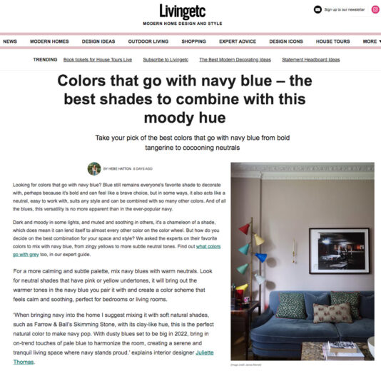 A screenshot of an article from Livingetc titled "Colors that go with navy blue – the best shades to combine with this moody hue." The article discusses various color options that pair well with navy blue. A room with modern decor and a colorful lamp is visible in the image.