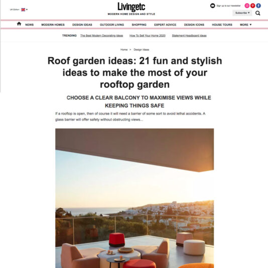 A magazine page from Living Etc features an article titled "Roof garden ideas: 21 fun and stylish ideas to make the most of your rooftop garden." The page includes an image of a rooftop garden with seating, a small table, and views of a sunset over a coastal city.