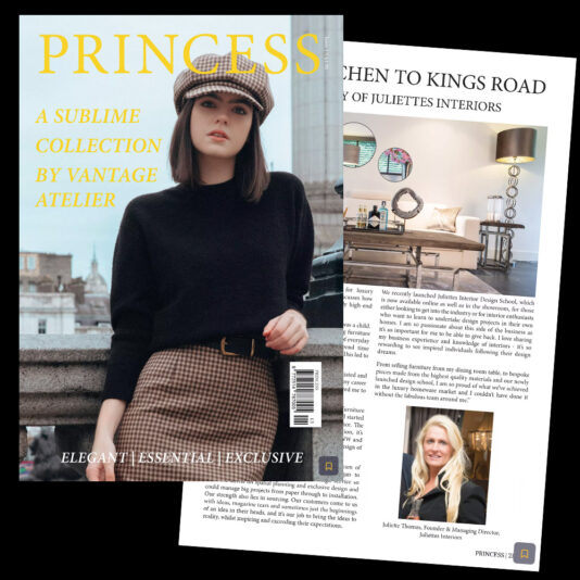 A magazine cover titled "PRINCESS" features a stylish woman in a black sweater, plaid skirt, and checkered cap. Inside, an article with images of a modern living room and a woman, discusses design by Juliette's Interiors. The cover highlights a collection by Vantage Atelier.