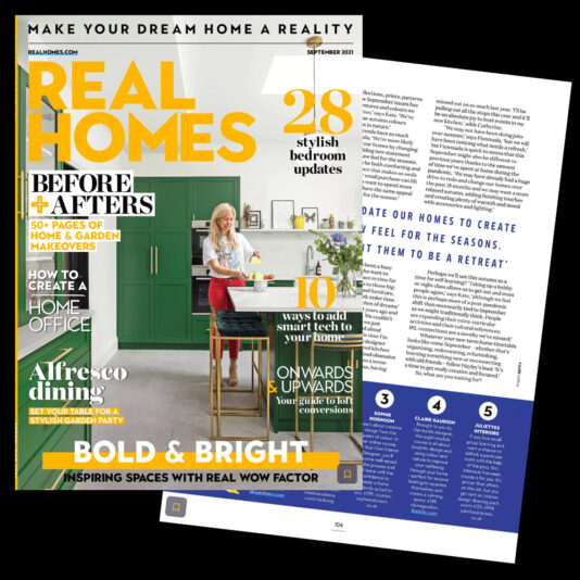 A magazine cover titled "Real Homes" features a woman in a modern kitchen with green cabinets. The cover includes headlines such as "28 Stylish Bedroom Updates" and "Bold & Bright." An interior page with text is displayed beside the cover.