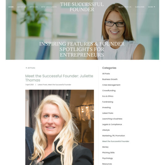 Screenshot of a webpage from "The Successful Founder" featuring an article titled "Meet the Successful Founder: Juliette Thomas." It shows two images of women, with a menu sidebar listing different categories such as Business Growth, Eco & Ethics, and Marketing.