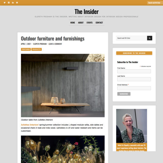 Screenshot of "The Insider" blog showing an article titled "Outdoor furniture and furnishings" by Elspeth Pridham, dated April 1, 2021. The page includes images of outdoor furniture, a sidebar with a search bar, subscription form, and a profile image of the author.