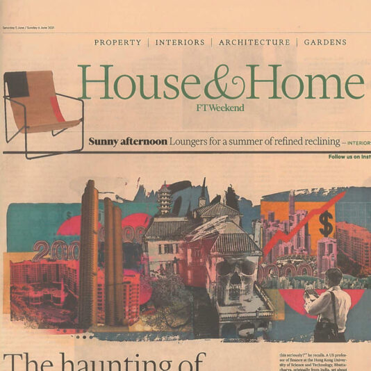 A newspaper page titled "House & Home FT Weekend" features an image collage of modern skyscrapers, traditional architecture, and a red target icon with a dollar sign. There is also a photo of a recliner chair and the headline "Sunny afternoon Loungers..." at the top.