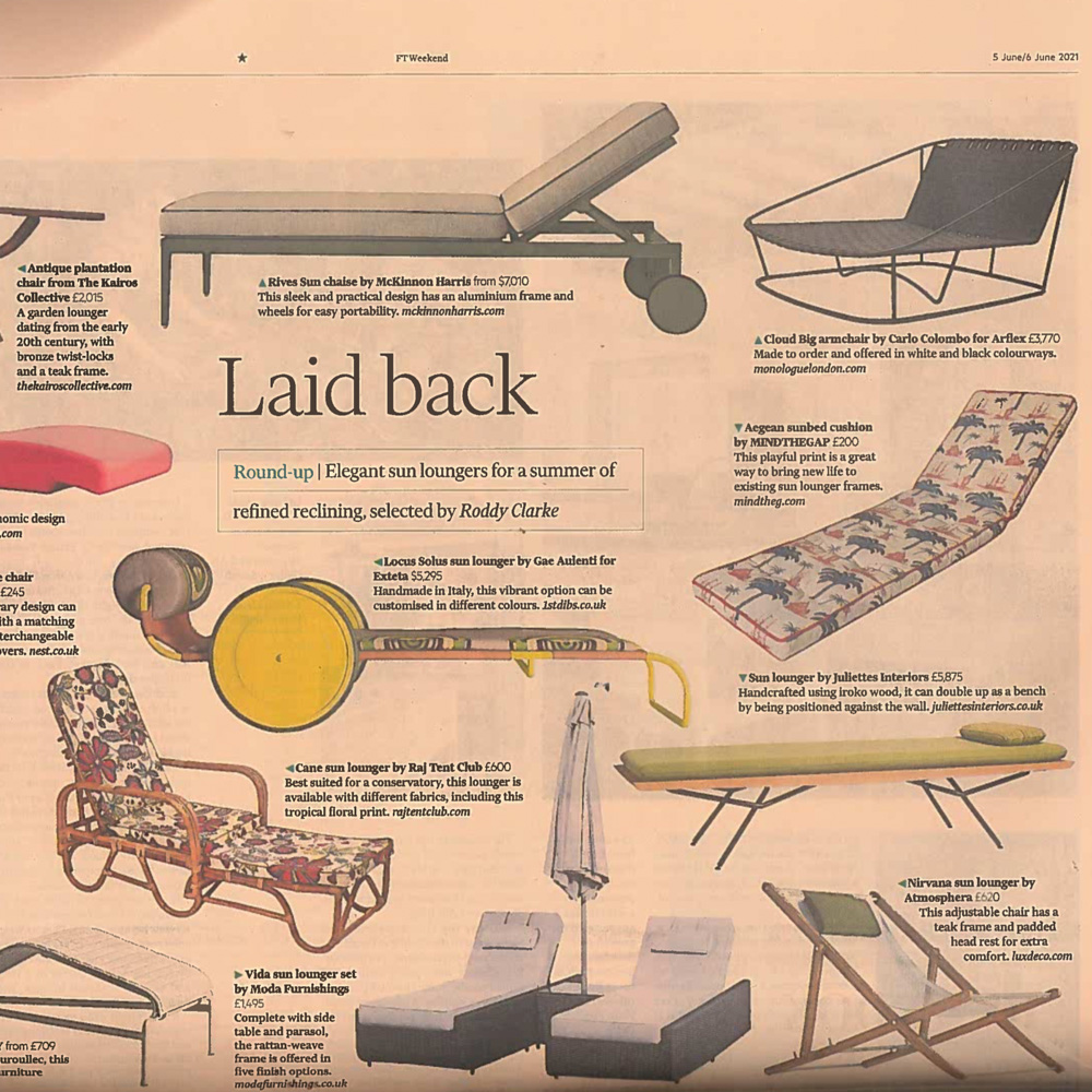 A newspaper article featuring various sun loungers. Each lounger has a description and price next to it. The headline reads 