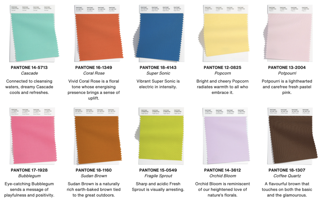 A grid of 10 fabric swatches with Pantone colors and descriptions, reflecting the colour trends 2022, including shades like Cascade, Coral Rose, Super Sonic, Popcorn, Potpourri, Bubblegum, Sudan Brown, Fragile Sprout, Orchid Bloom, and Coffee Quartz—each boasting a unique hue and description.