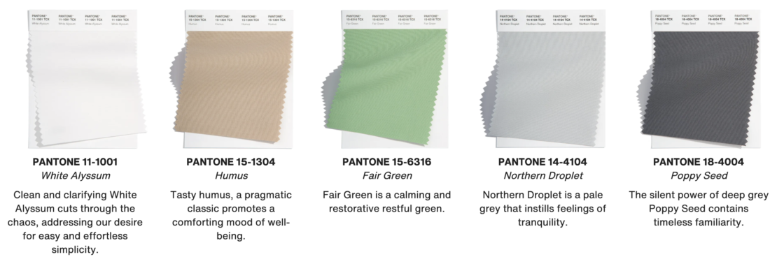 The image displays five Pantone color swatches with descriptions: White Alyssum (white), Humus (tan), Fair Green (light green), Northern Droplet (light gray), and Poppy Seed (dark gray). Each swatch includes a short description of the color's mood and characteristics, reflecting colour trends 2022.