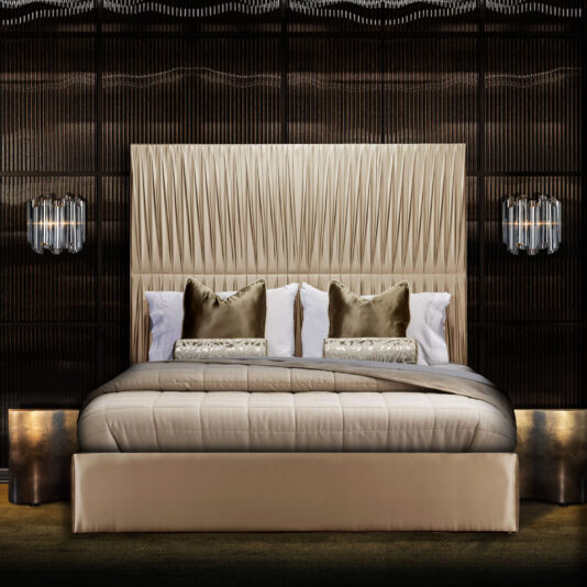 Exclusive Bed With Tall Satin Pleated Headboard