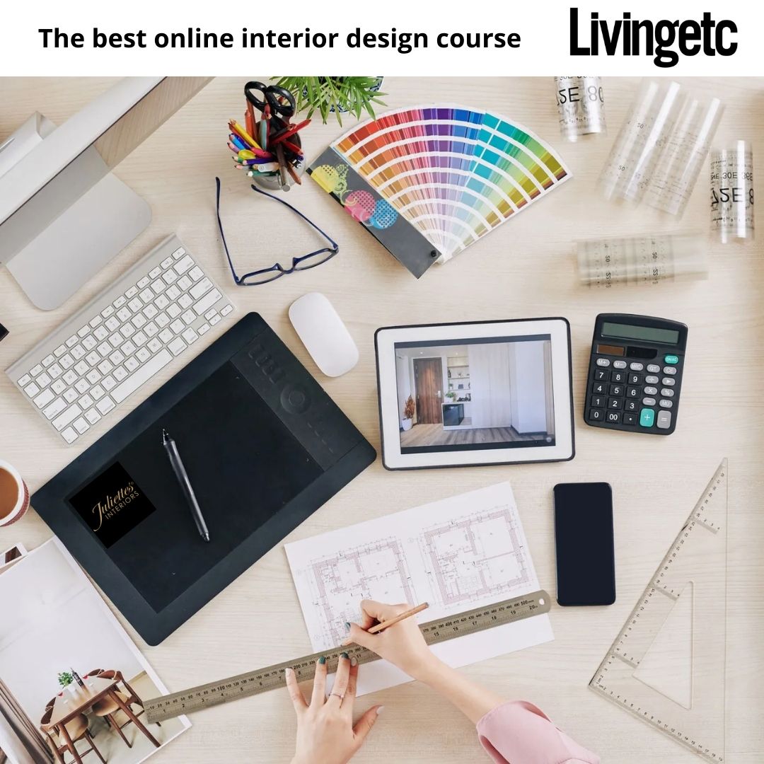 A desktop workspace featuring an array of interior design tools, including a computer keyboard, color swatches, blueprints, a graphic tablet, a calculator, rulers, and a tablet displaying a room design. Text at the top reads "The best online interior design course - Livingetc." Perfect for your luxury gift guide.