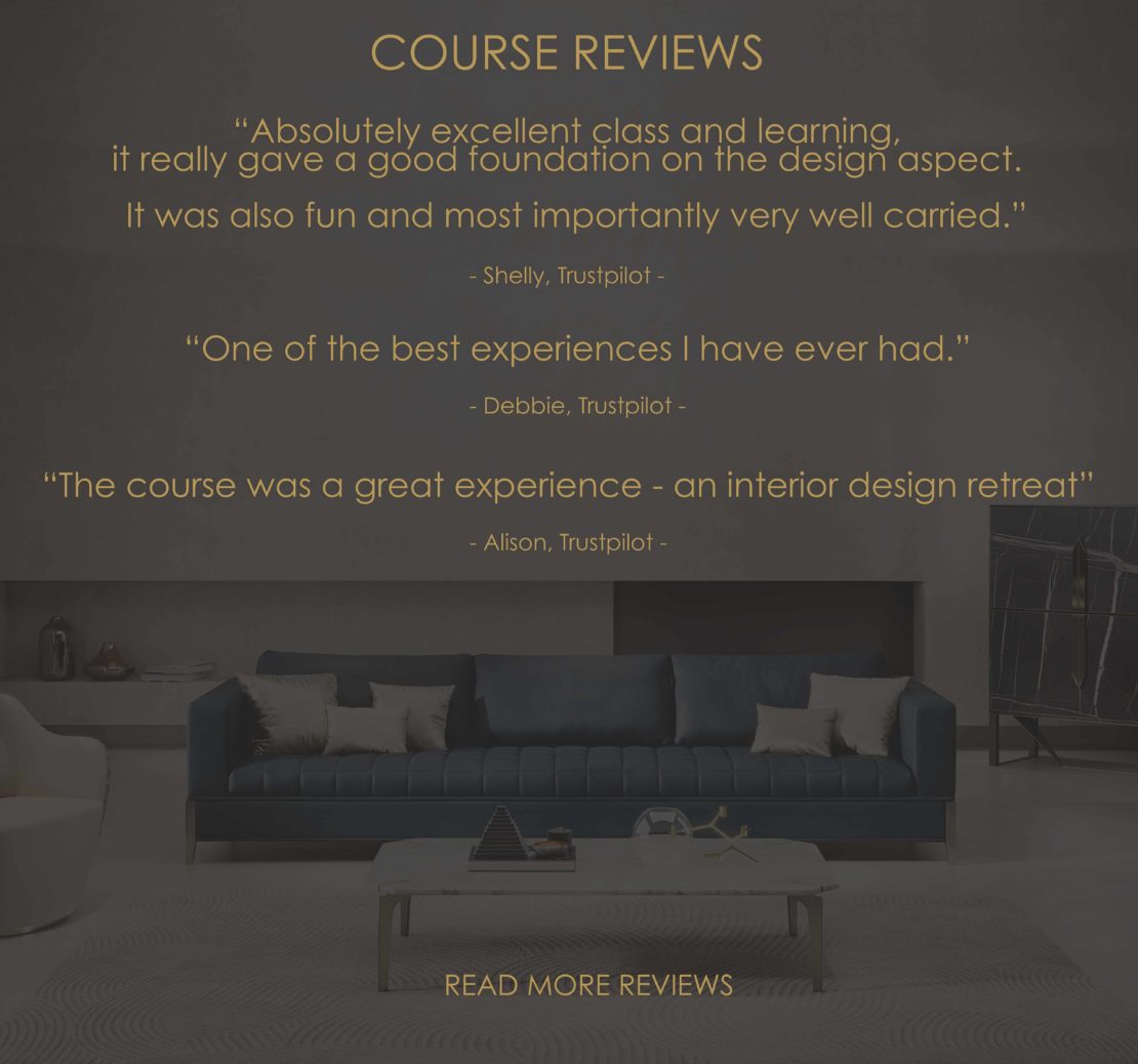 Image showing a dark-themed living room with a modern design. There is a blue sofa, a white coffee table, and artwork on the right. Overlaid text includes positive course reviews from Shelly, Debbie, and Alison about how they became their own interior designer through an excellent class, solid foundation, and inspiring design retreat.