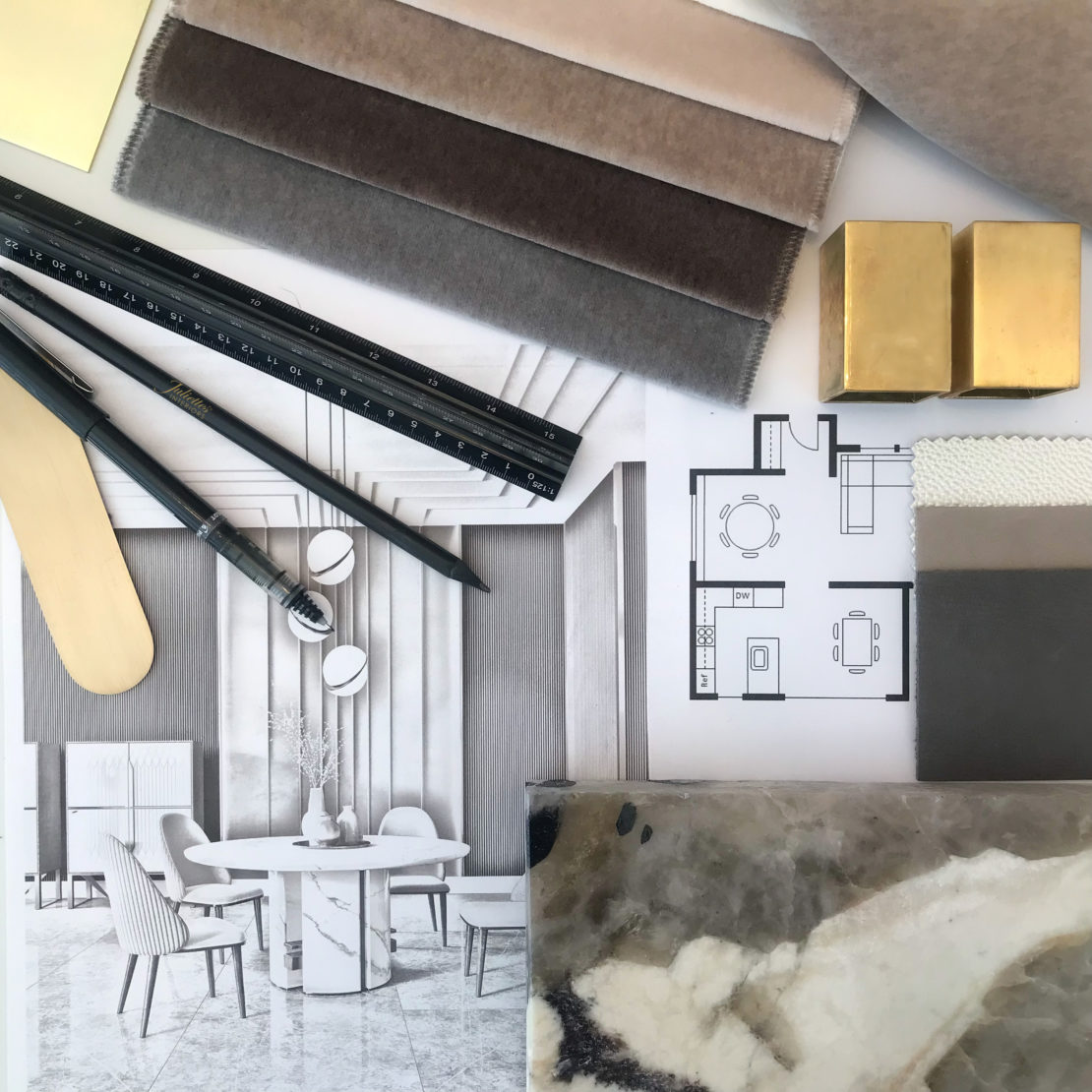 A flat lay photo showing different fabrics in neutral shades, a floor plan, design sketches, gold-colored decor pieces, paint samples, and drawing tools such as pencils and scales. The image suggests you can become your own interior designer by planning your space with these essential elements.