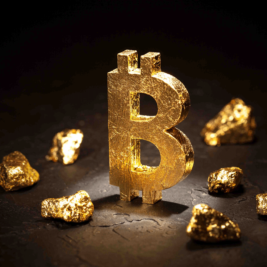 A large, gold Bitcoin symbol stands upright on a dark surface, surrounded by several gold nuggets. The image is well-lit, highlighting the shiny texture of the symbol and nuggets against the dark background, suggesting a sharp increase in crypto transactions by luxury spenders.