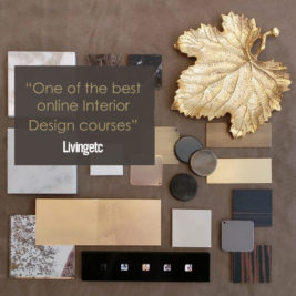 A selection of various material samples and finishes, including marble, wood, metal, and tile, are arranged on a brown surface. A gold leaf decor is also included. Overlay text reads, "Become your own Interior Designer with one of the best online courses," featuring the "Livingetc" logo.