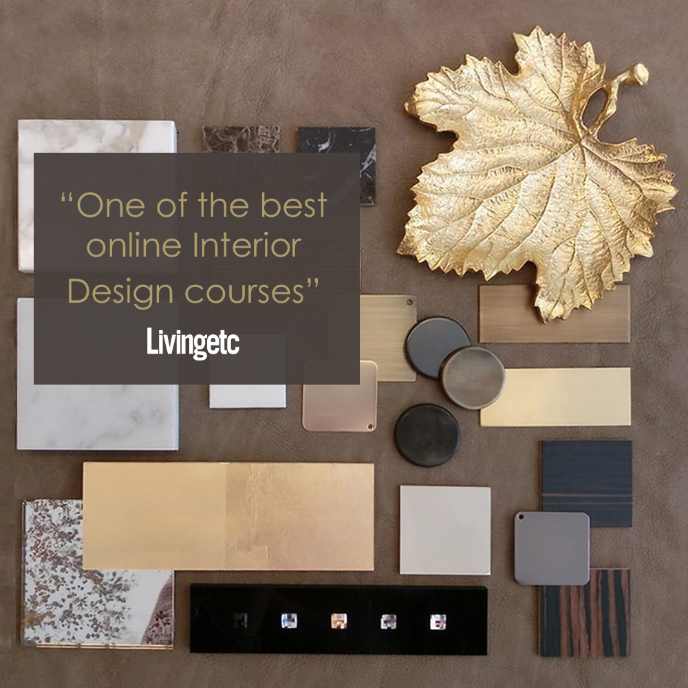 A selection of various material samples and finishes, including marble, wood, metal, and tile, are arranged on a brown surface. A gold leaf decor is also included. Overlay text reads, "Become your own Interior Designer with one of the best online courses," featuring the "Livingetc" logo.