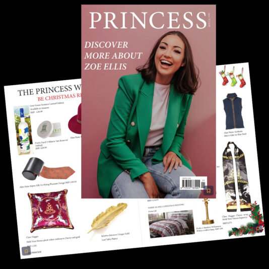 A magazine cover titled "Princess" features a smiling woman in a green blazer and jeans. Two pages showing various decorative items, including gifts and holiday decorations, are partially visible behind the magazine, showcasing a festive theme.