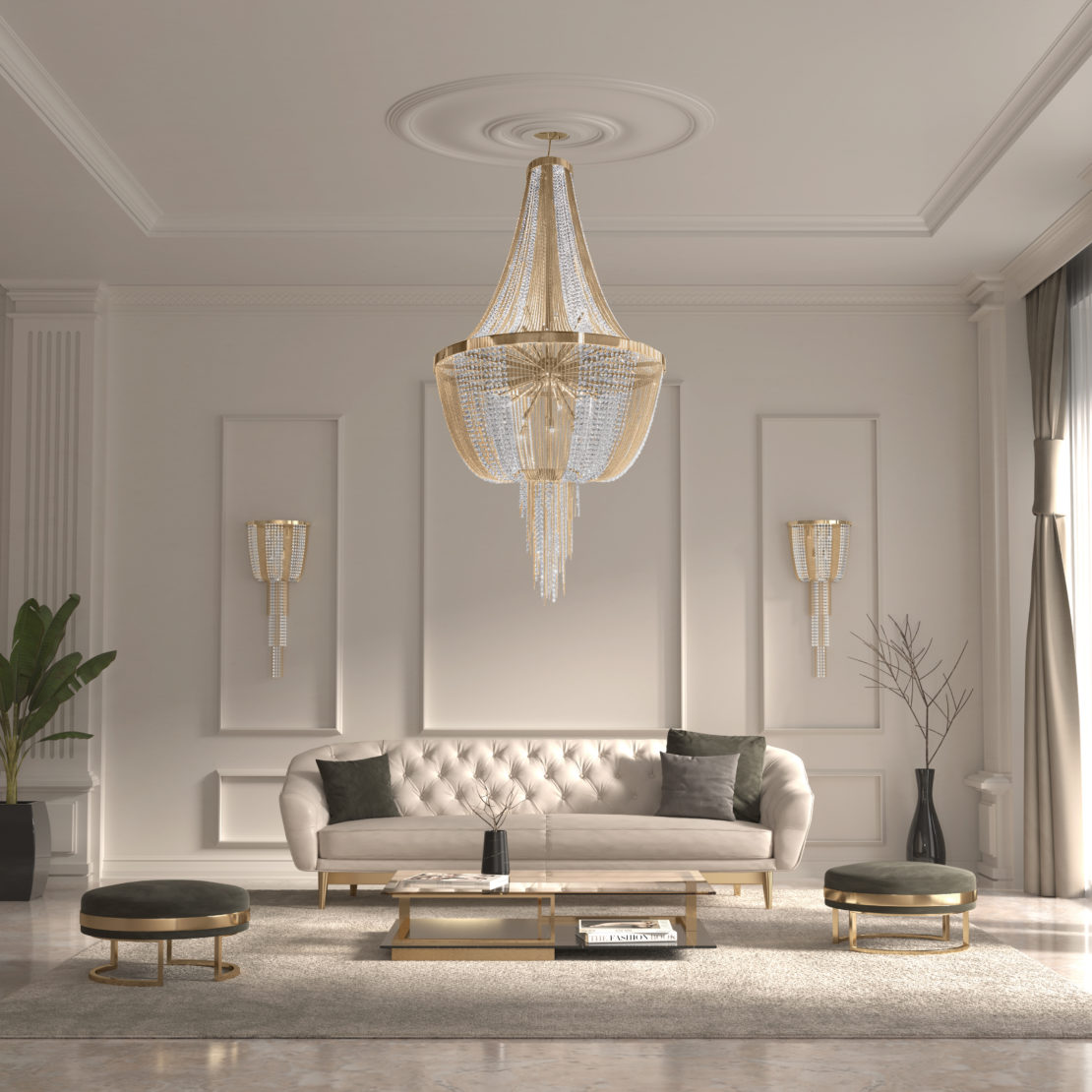 A luxurious living room featuring a plush beige tufted sofa, two round green velvet stools, a glass coffee table, and a crystal chandelier. The room has elegant wall moldings, two matching wall sconces, tall windows with curtains, and a potted plant—perfect for luxury living room ideas.