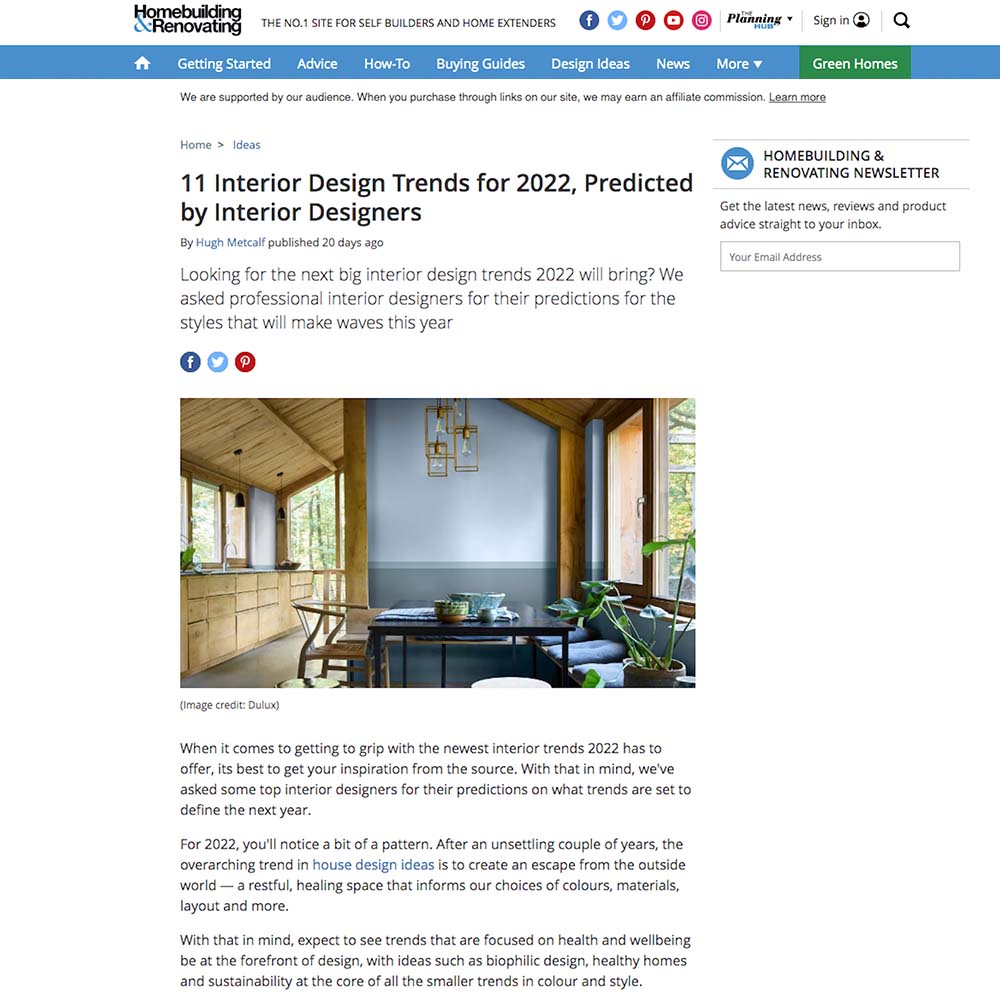 Homebuilding & Renovating magazine article on key interior design trends for 2022