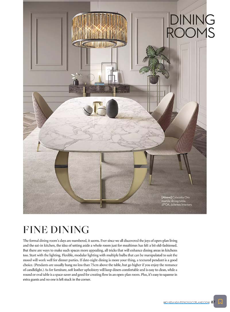 Article in Homes & Interiors features a dining set from Juliettes Interiors in a piece on dining rooms