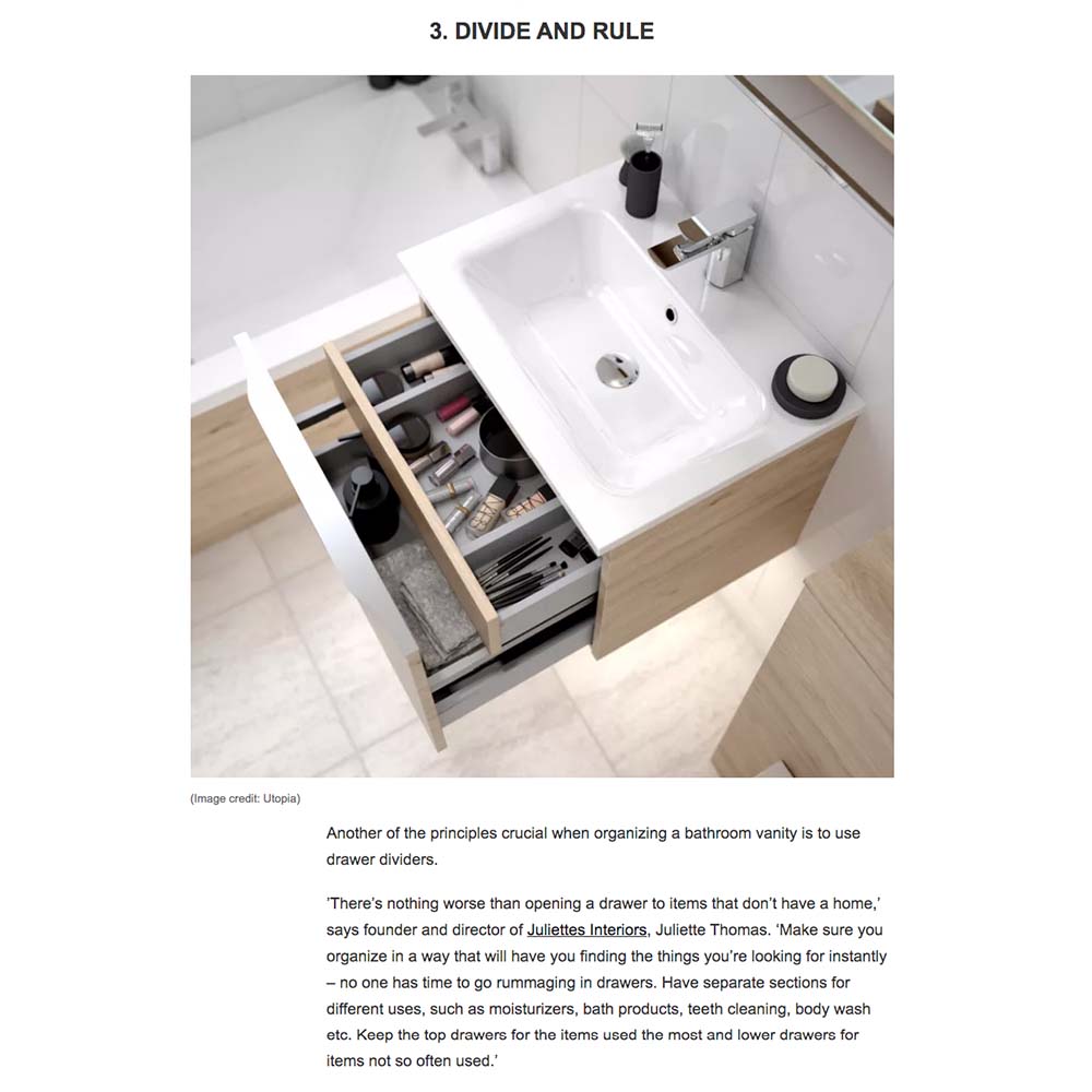 Image of a bathroom vanity with an integrated sink and two open drawers. The drawers are neatly organized with dividers, holding various items such as toiletries, skincare products, and grooming tools. The image is accompanied by a caption discussing the importance of organising a bathroom vanity with drawer dividers for optimal organization.