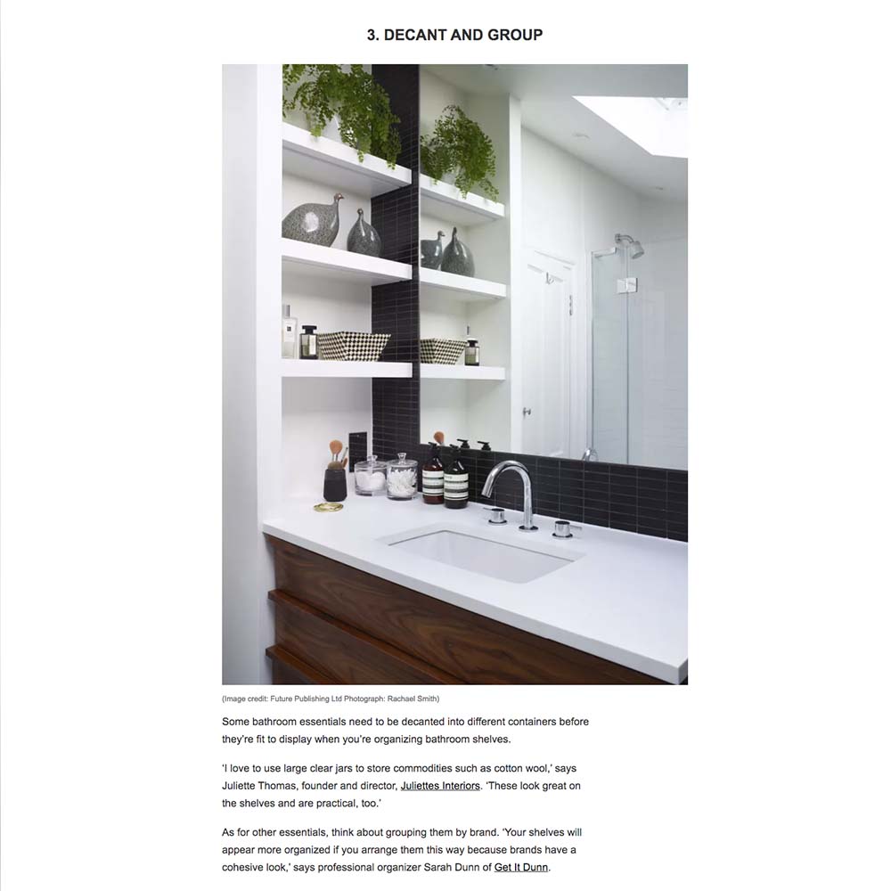 Juliettes Interiors features in Homes & Gardens article on organising bathroom shelves