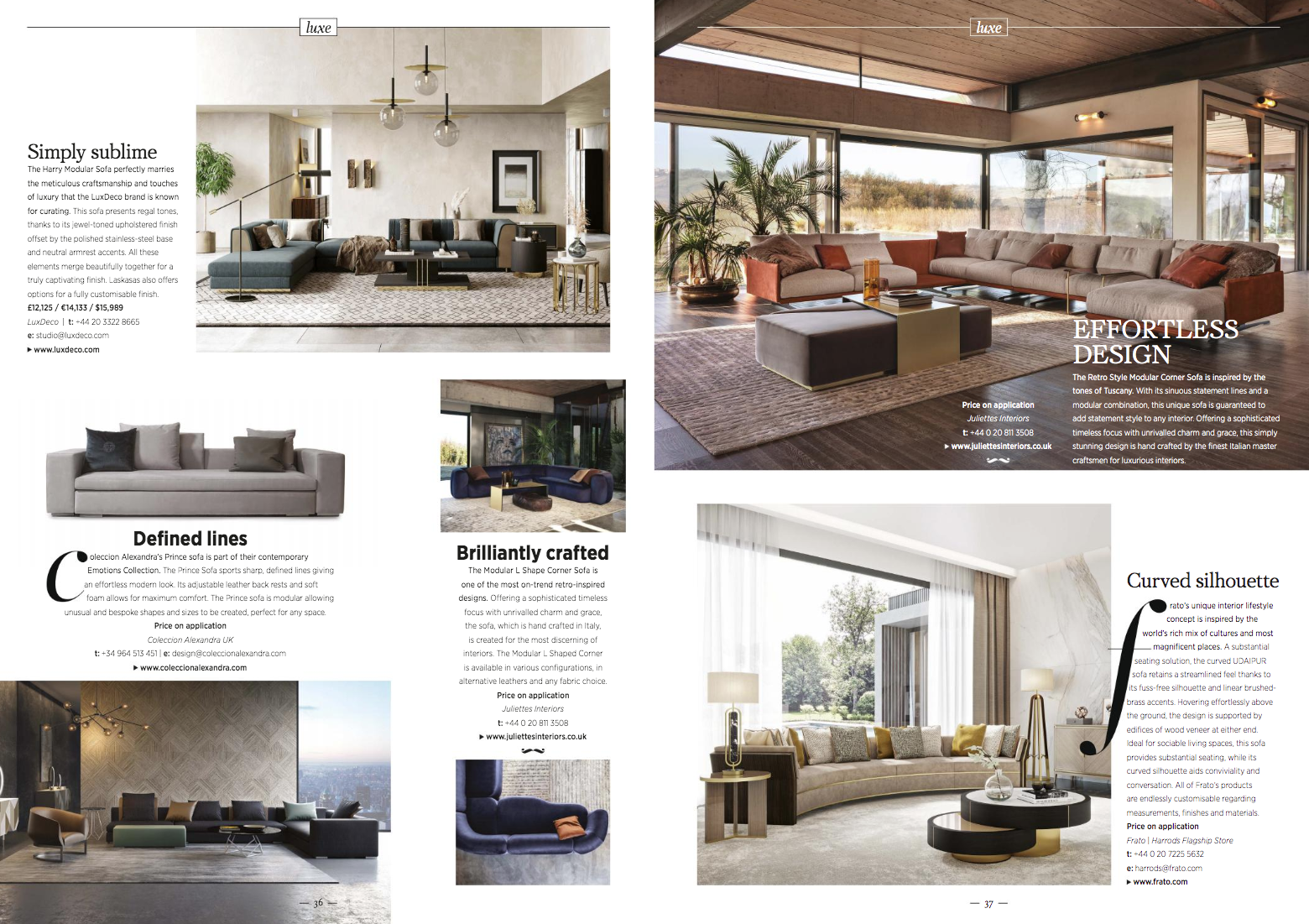 A magazine spread showcasing luxurious living room furniture. The layout includes various sofas, chairs, and tables in elegant, modern settings. Accompanying text describes the design elements and styles of the furniture pieces. A calming color palette is used throughout.