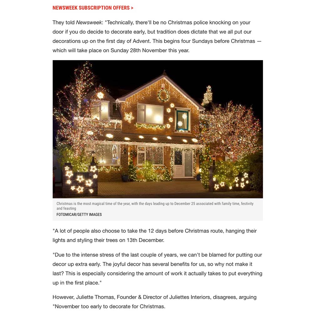 An article from Newsweek features a house brightly decorated with Christmas lights and decorations. The caption reads: 