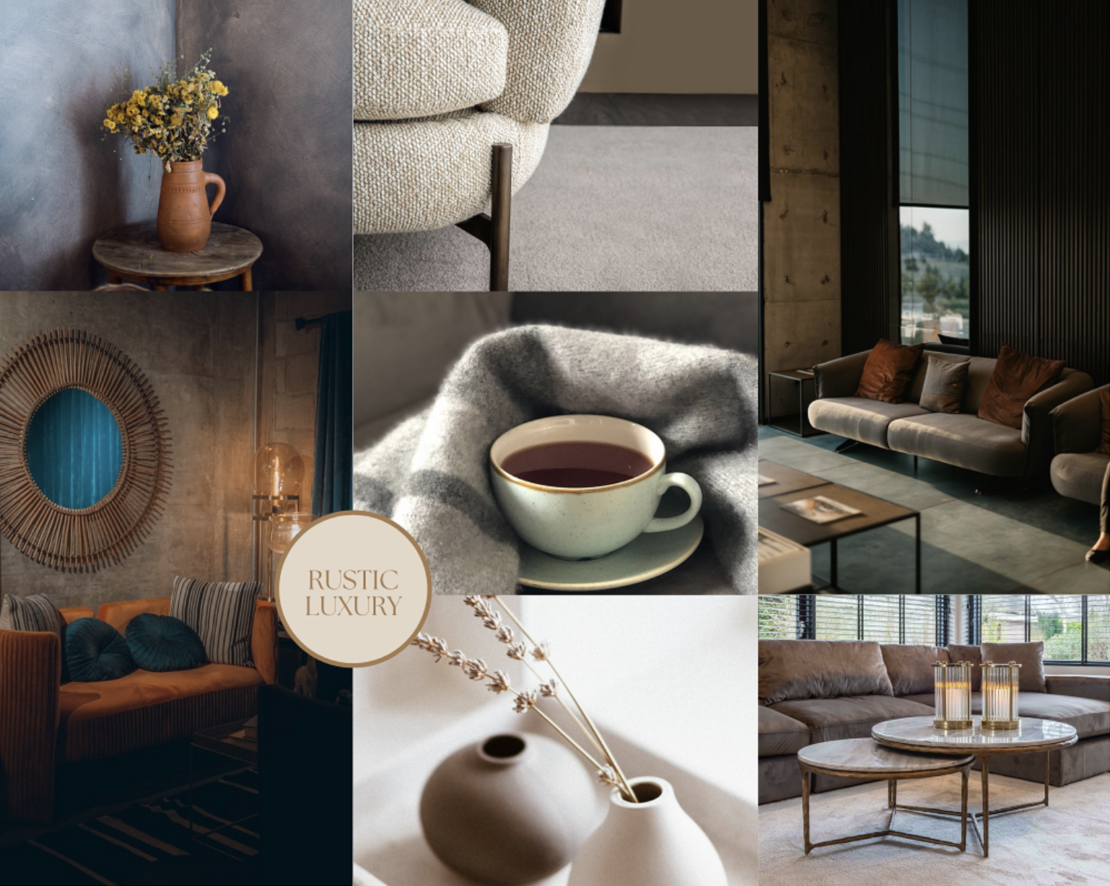 A collage of rustic luxury interiors featuring cozy furniture, earthy tones, and thoughtful decor. Elements include a vase of flowers on a table, cushioned sofas styled by expert bloggers, a cup of coffee on a blanket, vases with dried flowers, and elegantly styled living spaces.