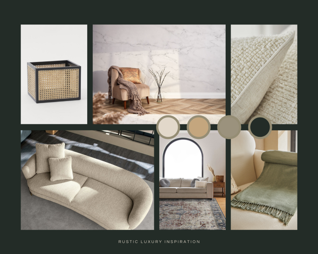 A collage showcasing rustic luxury interior design inspiration by expert bloggers. The top row features a woven basket, a cozy corner with a chair and throw, and a close-up of textured fabric. The bottom row displays expert luxury sofa styling with a curved sofa, arched windows in the living room, and a green throw blanket. Color swatches in neutral tones are centered above. Text reads "Rustic Luxury