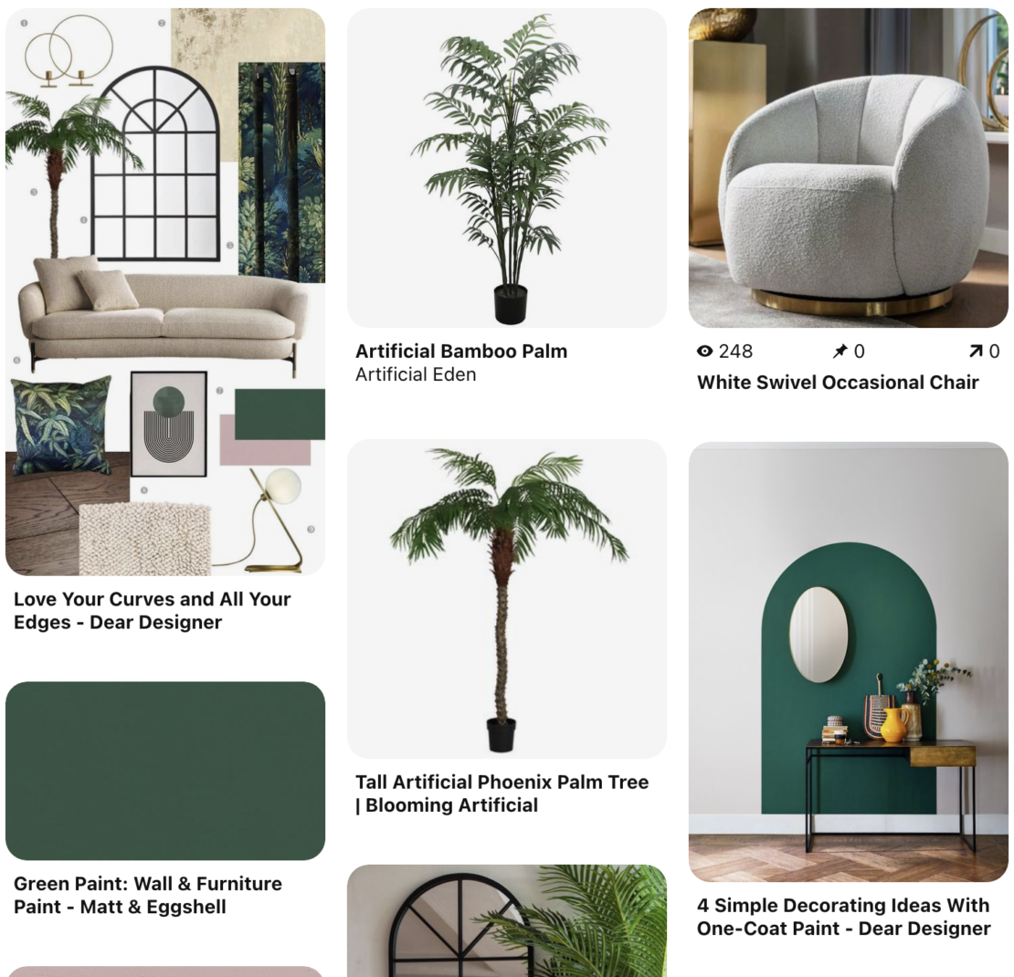 A Pinterest board displaying various interior design ideas: a living room with luxury sofa styling by expert bloggers, beige seating, wall decor, and a large mirror; an artificial bamboo palm and a phoenix palm; a white swivel chair; wall paint samples; and a green accent wall with a console table and round mirror.