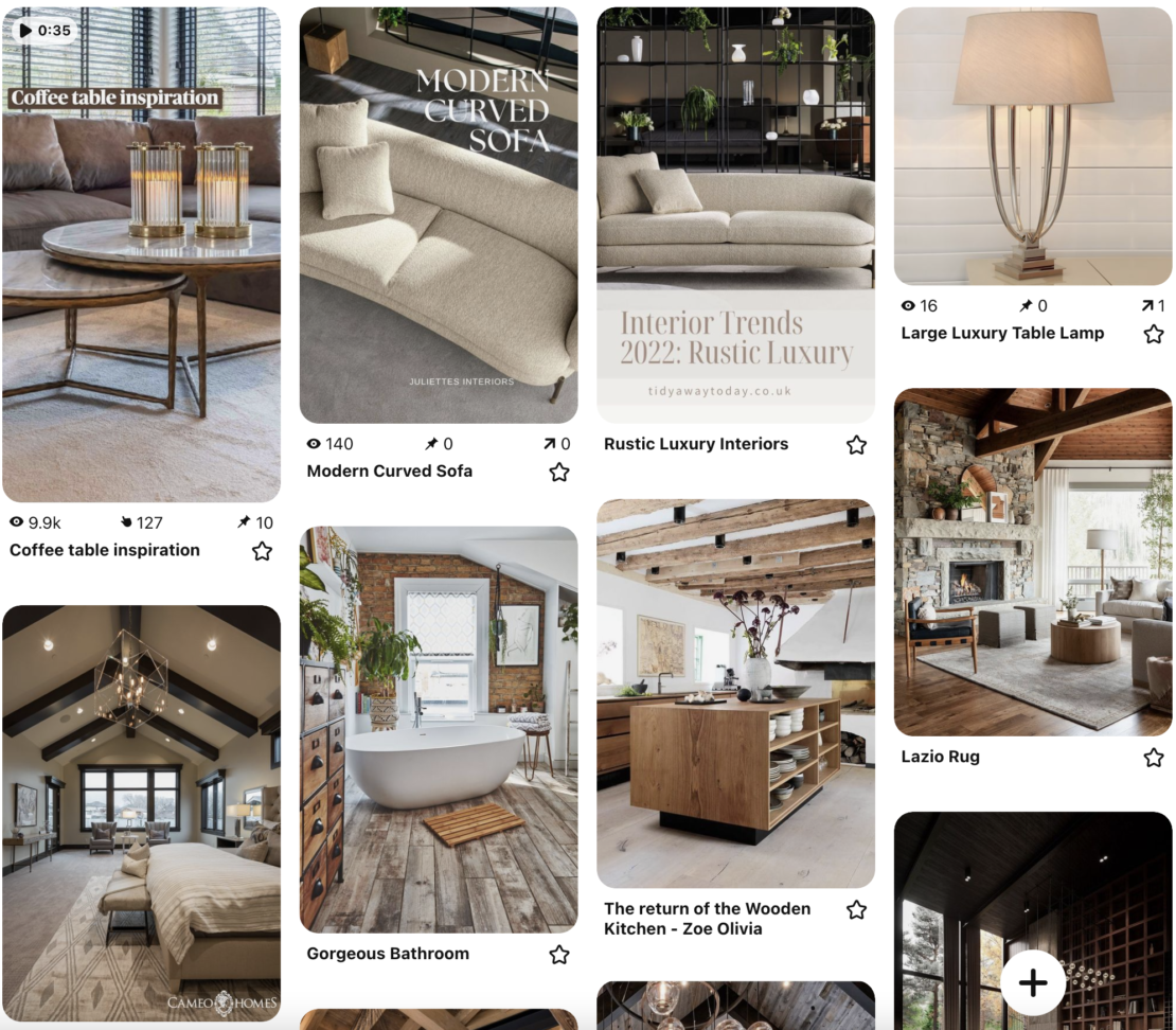 A Pinterest board featuring home interior inspirations. Highlights include luxury sofa styling by expert bloggers, a coffee table with neutral decor, a modern curved sofa, rustic luxury interiors, a large table lamp, a cozy living room with a chaise, a bathroom with a standalone tub, and a wooden kitchen design.