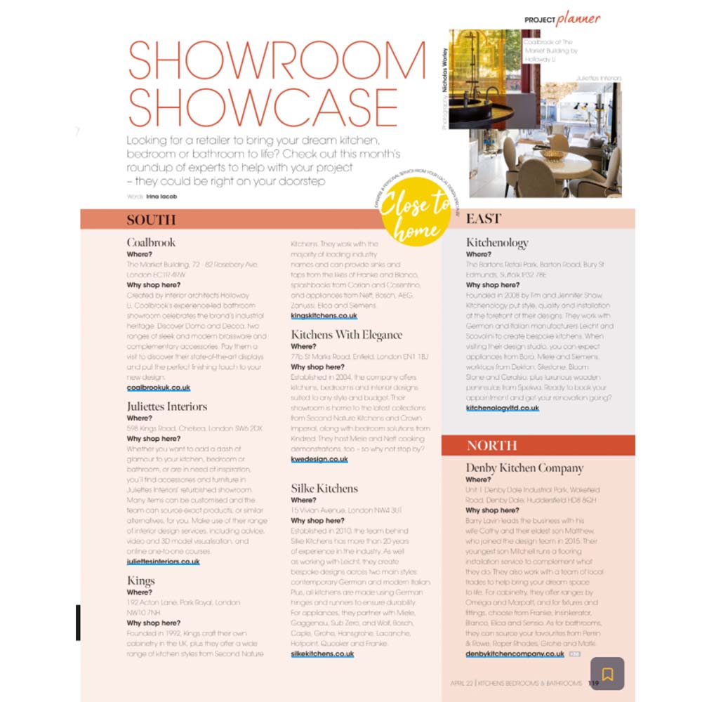 An informational flyer detailing various kitchen and bathroom design showrooms, with a section dedicated to the latest KBB trends. It is divided into two sections: South and East, each listing company names, locations, web addresses, and brief descriptions of their services. A kitchen picture is at the top right.