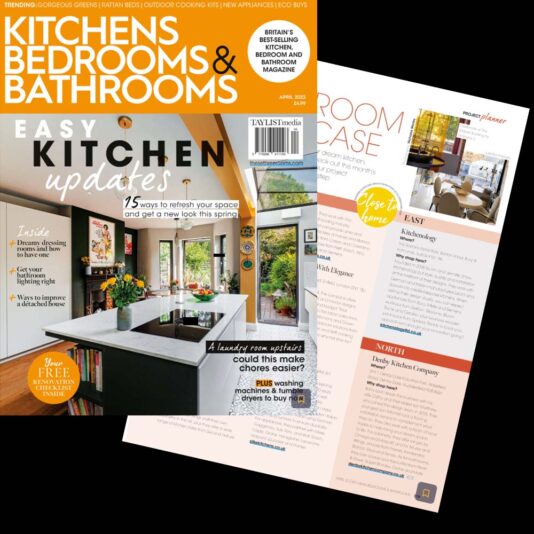 The image shows the cover and an interior page of "Kitchens Bedrooms & Bathrooms" (KBB) magazine. The cover highlights "Easy Kitchen Updates" and features a modern kitchen with a large island and plants. Inside, KBB presents various articles and a colorful kitchen showcase.