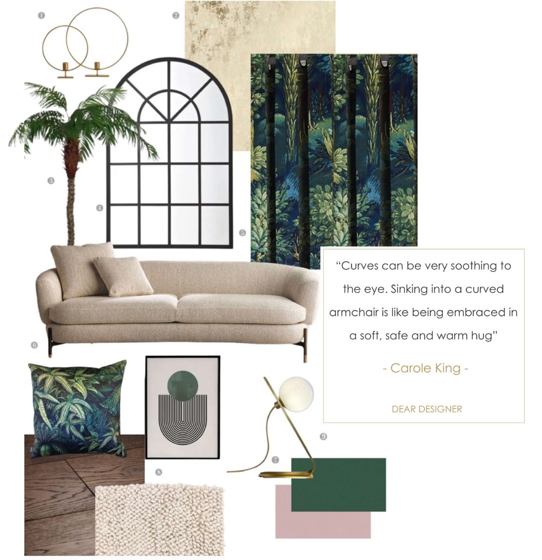 Mood board featuring luxury sofa styling by expert bloggers with a tropical, botanical theme. Includes a beige sofa, green and gold palm print curtains, palm tree decor, round mirrors, green and pink color swatches, a textured rug, and a quote about curved furniture by "Carole King.