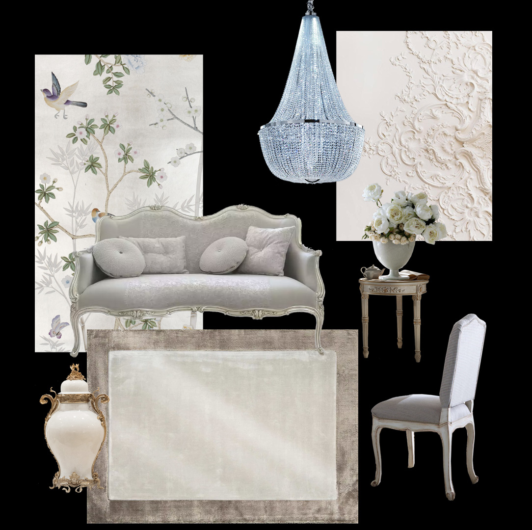 A collage featuring elegant interior decor: a gray-green ornate settee, white armchair, chandelier, floral and textured wall art, side table with white flowers, white and gold lamp, and a beige rug. The black background makes the items stand out—6 Bridgerton-inspired home ideas to elevate your space.