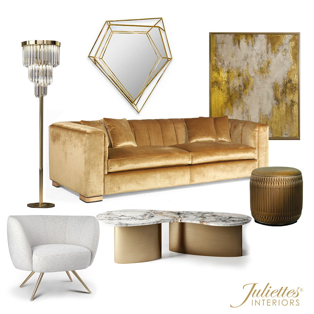 A luxurious interior setup reminiscent of the grandest rooms of Queen Elizabeth, featuring a gold velvet sofa, a geometric gold frame wall mirror, abstract wall art, a crystal floor lamp, a modern marble coffee table with a gold base, a white upholstered accent chair, and a gold metallic side table. Text reads "Juliettes Interiors".