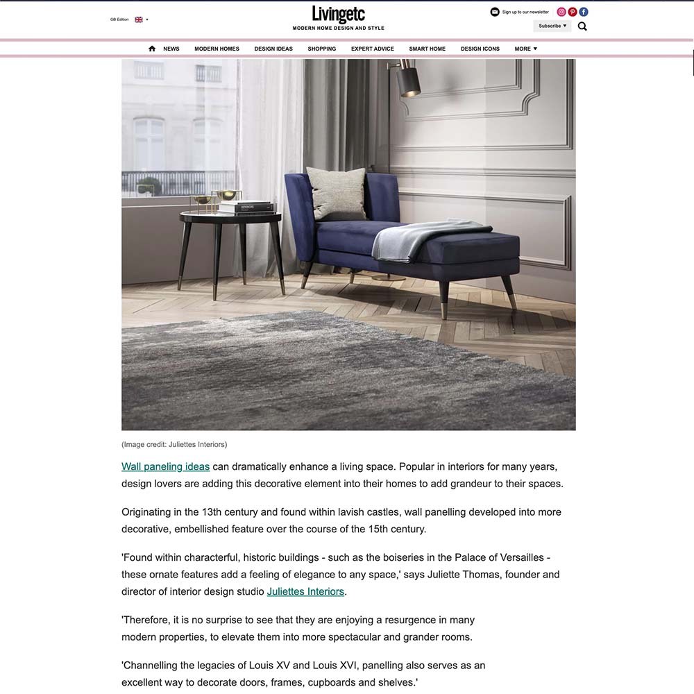 A Livingetc article highlights wall paneling ideas to enhance home decor. The page features a luxurious living room image with panelled walls, a blue chaise lounge, and an ornate mirror above it. The text discusses the historical and modern appeal of wall paneling.