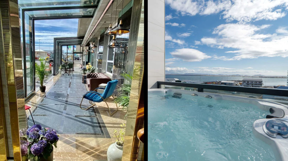 Split image: Left side shows a luxurious sunroom with glass walls and ceiling, featuring stylish chairs, potted plants, and elegant lighting. Right side displays a rooftop hot tub with bubbling water, offering a scenic view of a coastline under a partly cloudy blue sky—the best luxury Father's Day gifts.