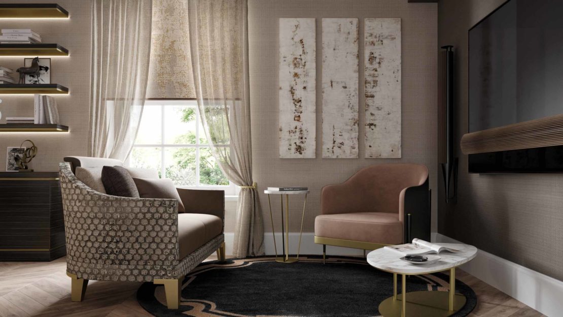 A cozy living room with a patterned armchair and a blush lounge chair facing a small round marble table on a black rug exudes the elegance of a gentleman's luxury home office. Shelves with decor are on the left, and a large TV is on the right wall. Natural light flows through a window with sheer curtains.