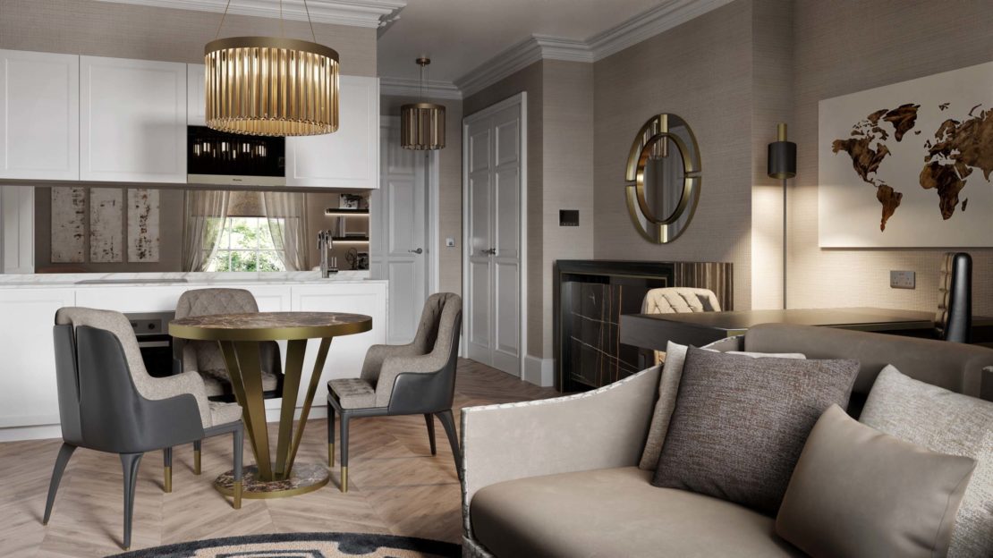 A modern living and dining area in a Gentleman's Luxury Home Office, featuring a beige and grey color scheme. The space includes a round dining table with four chairs, a sofa, wall-mounted map art piece, large mirror, sleek fireplace, and contemporary lighting fixtures.