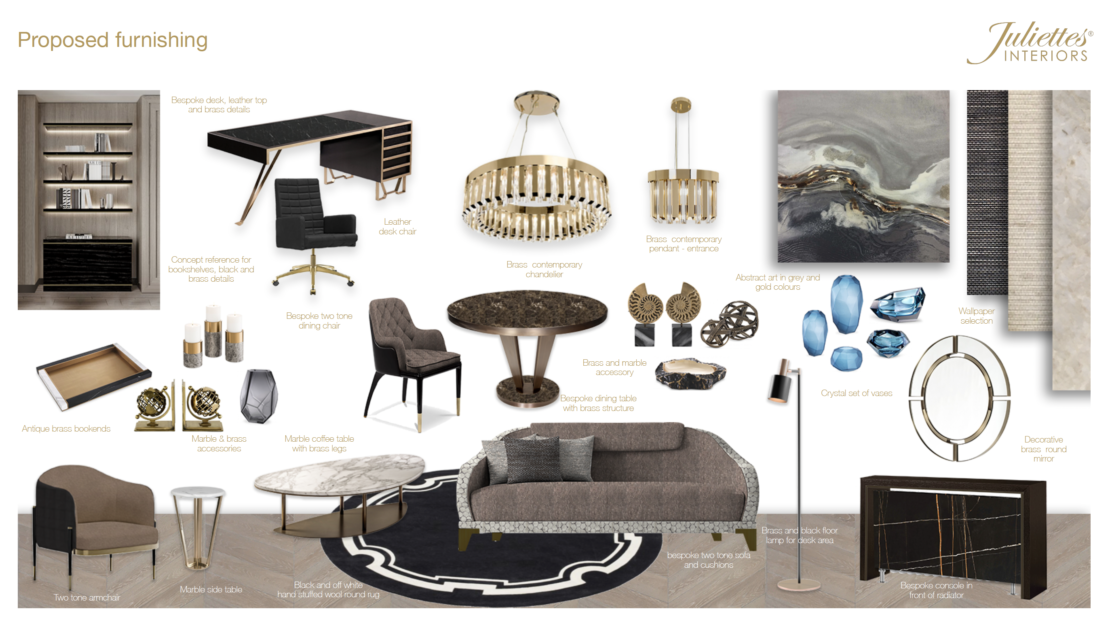 A collage of proposed furnishings by Juliette's Interiors for a Gentleman's Luxury Home Office. It includes a variety of furniture and decor: bookcases, desks, a leather office chair, chandeliers, armchairs, sofa, and various decorative items. Each item is labeled with a brief description.