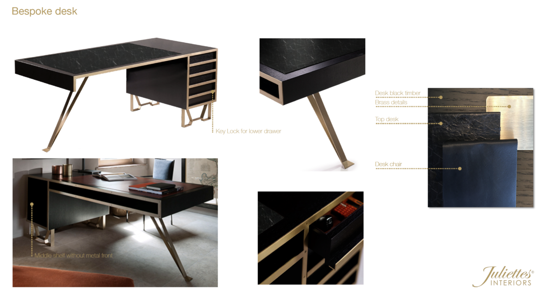 A collage of a bespoke desk in a modern design, perfect for a gentleman's luxury home office. The desk features black wood with metal accents and a marble-like top surface, plus a key lock on the lower drawer. Detailed close-ups show the desk's timber, metal frame, top surface, and key lock. "Juliette's Interiors" logo present.