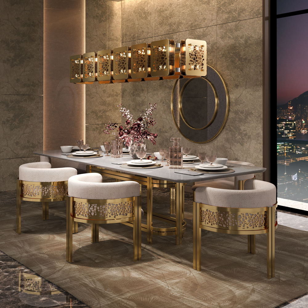 In a modern dining room, a long table is set for a meal and surrounded by six plush, light-colored chairs with gold frames and intricate cut-out designs. Above the table hangs the striking Contemporary Rectangular Chandelier. A round mirror adorns the wall, while a cityscape is visible through the window.