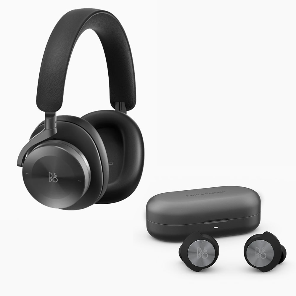 A pair of over-ear headphones and a pair of wireless earbuds with their charging case. The over-ear headphones are black with cushioned ear cups and a headband. The wireless earbuds and matching charging case are also black with a sleek, modern design—truly the best luxury Father's Day gifts.