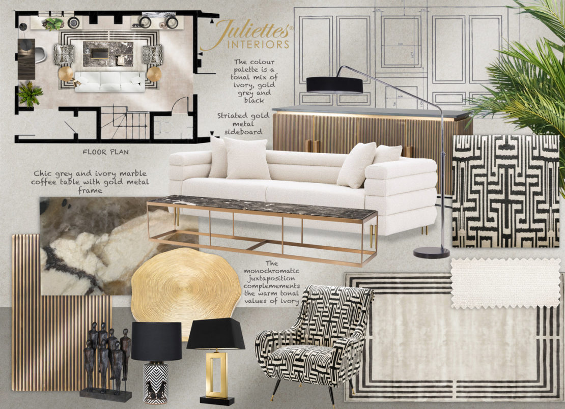 A mood board for an interior design project by Juliette's Interiors showcasing a monochrome color palette. It includes a floor plan, furniture like a white sofa, black and white-patterned chair, gold accents, lamps, and a chic grey and ivory marble coffee table—perfect for any interior design course inspiration.