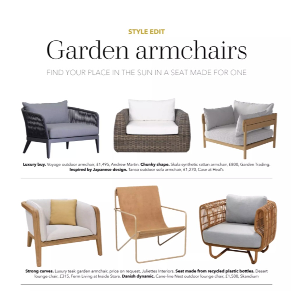 Country Homes magazine article featuring a luxury teak garden armchair by Juliettes Interiors